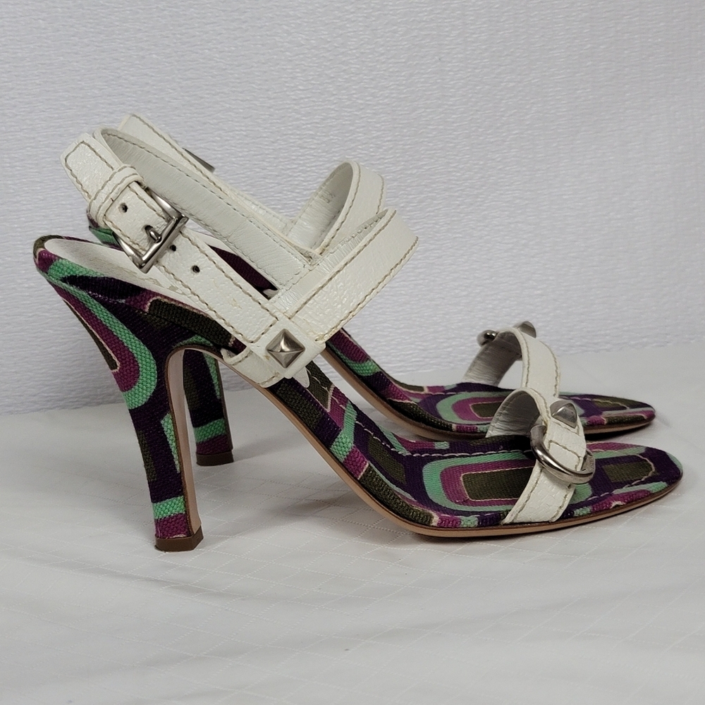 Prada Calzature Donna White Leather Cinghiale Viola Slingback Heel Sandals Sz 39 - Picture 1 of 12